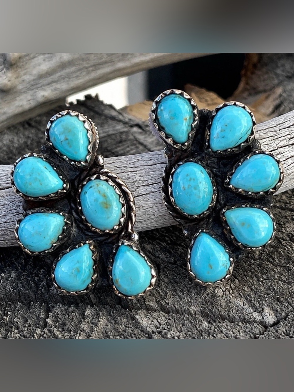 Turquoise Cluster Earrings Sterling Silver Southwestern Native Style Statement